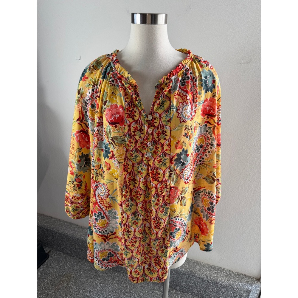 Fig & Flower Womens Plus 2X Floral Split Neck Blouse Metallic Gold Stripe Top